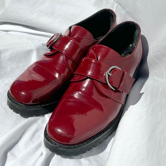 Palmroth Shoes - Burgundy Patent Faux Leather Chunky Rubber Sole Loafer w Metal Hardware